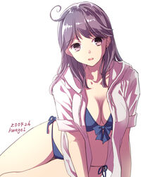  alternate_costume bad_id bad_twitter_id bikini black_hair blue_bikini blush breasts cleavage female grey_hoodie hair_between_eyes hair_ornament hood hoodie kantai_collection kurage1 long_hair looking_at_viewer one-hour_drawing_challenge open_mouth short_sleeves simple_background sitting solo swimsuit thighs ushio_(kancolle) white_background 