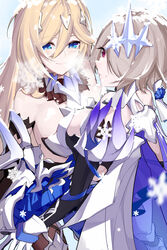  2girls absurdres armor armored_dress bare_shoulders bianka_durandal_ataegina bianka_durandal_ataegina_(bright_knight:_excelsis) blonde_hair blue_eyes breasts breath brown_hair cleavage closed_mouth dress evzeva gauntlets hair_between_eyes hair_ornament hair_over_one_eye highres honkai_(series) honkai_impact_3rd long_hair looking_at_viewer multiple_girls outdoors purple_eyes rita_rossweisse rita_rossweisse_(artemis) short_hair sleeveless sleeveless_dress smile snowing 