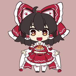  ahoge ascot black_hair blush bow chibi commentary_request detached_sleeves dnk female frilled_bow frills full_body gradient_background hair_tubes hairbow hakurei_reimu highres looking_at_viewer midriff navel open_mouth orange_ascot red_bow red_skirt ribbon-trimmed_sleeves ribbon_trim skirt skirt_set smile solo standing touhou wide_sleeves 