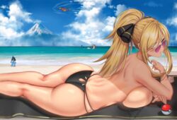  anima_(togashi) ass bare_arms bare_shoulders beach beach_towel bikini bikini_bottom_only blue_sky breast_press breasts cleavage cloud cloudy_sky commentary_request cynthia_(pokemon) day female garchomp hair_ornament highres large_breasts long_hair looking_at_viewer looking_over_eyewear lucario lying milotic mountain ocean on_stomach outdoors parted_lips poke_ball pokemon pokemon_(creature) pokemon_dppt purple-tinted_eyewear sand shiny sideboob simple_background sky sunglasses sweat sweatdrop swimsuit thighs tied_hair tinted_eyewear topless towel water 