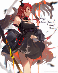  2021 absurdres arknights artist_name black_collar black_dress breasts cleavage collar cowboy_shot demon_girl demon_horns detached_collar dress elite_ii_(arknights) female happy_new_year highres horns looking_away medium_breasts powerlesssong purple_eyes red_hair signature simple_background sleeveless sleeveless_dress solo spaghetti_strap surtr&#039;s_golem_(arknights) surtr_(arknights) sword weapon weibo_logo weibo_watermark white_background 