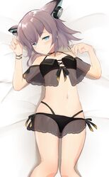  absurdres animal_ears aoi_mochio arknights bed_sheet bikini black_bikini blue_eyes collarbone commentary earphones female flat_chest fox_ears fox_girl highres looking_at_viewer lying navel off-shoulder_bikini off_shoulder official_alternate_costume on_back purple_hair short_hair short_twintails solo sussurro_(arknights) sussurro_(summer_flower)_(arknights) swimsuit twintails 