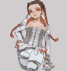  animification apex_legends breasts brown_eyes brown_hair cleavage collarbone commentary corset cropped_jacket eyeshadow female gold_choker grey_background hair_behind_ear head_tilt jacket loba_(apex_legends) long_hair makeup medium_breasts pants red_eyeshadow red_hair shimijimi skirt smile solo symbol-only_commentary thick_thighs thighs white_jacket white_pants white_skirt 