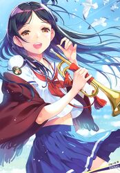  :d absurdres artist_name bird black_hair blue_skirt blue_sky character_name clothes_lift collarbone collared_shirt contrail cowboy_shot day female floating_hair half-closed_eyes high_school_fleet highres holding holding_instrument instrument long_hair looking_at_viewer marikouji_kaede midriff miniskirt neckerchief nishimura_eri official_art open_mouth outdoors parted_bangs pleated_skirt red_neckerchief sailor_collar sailor_shirt scan school_uniform serafuku shirt skirt skirt_lift sky smile solo sparkle standing stomach straight_hair trumpet very_long_hair white_sailor_collar white_shirt yellow_eyes yokosuka_girls_marine_high_school_uniform 