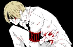  1boy armband awara_kayu black_armband black_background blonde_hair blood blood_on_clothes blood_on_face collared_shirt commentary_request from_side knee_up long_sleeves male_focus nakarai_keijin necktie pants parted_bangs red_armband shirt short_hair simple_background solo tokyo_ghoul tokyo_ghoul:re 