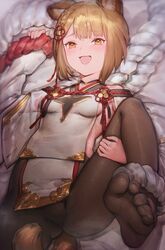  :d animal_ears aos ass black_pantyhose blush breasts brown_eyes brown_hair erune feet female granblue_fantasy highres looking_at_viewer lying no_shoes on_back open_mouth pantyhose short_hair smile solo spread_legs sweat vajra_(granblue_fantasy) 