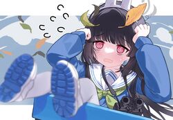  @_@ animal_ears binoculars black_hair blue_archive blue_footwear blue_serafuku blunt_bangs blurry blurry_foreground despair earpiece fake_animal_ears falling_leaves female flying_sweatdrops foreshortening green_neckerchief hands_up leaf leaf_on_head legs_up letterboxed long_hair long_sleeves miyu_(blue_archive) neckerchief open_mouth pale_eye pantyhose rabbit_ears red_eyes sailor_collar school_uniform serafuku shoe_soles shoes simple_background solo tiko_(idadsa91) trash_can two-tone_footwear wavy_hair white_footwear white_pantyhose white_sailor_collar 