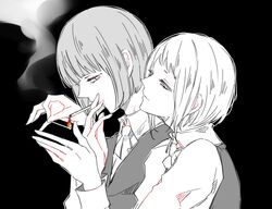  1boy awara_kayu black_background blunt_bangs bob_cut braid character_request cigarette collared_shirt commentary_request female from_side half-closed_eyes hand_up hands_up hug hug_from_behind long_sleeves looking_at_another mouth_hold shirt short_hair simple_background straight tokyo_ghoul tokyo_ghoul:re upper_body vest 