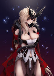  absurdres bare_shoulders black_gloves black_mask blonde_hair blue_eyes blush breasts cape cleavage collarbone dress elbow_gloves female fur-trimmed_cape fur_trim genshin_impact gloves grey_skirt highres lace-trimmed_eyepatch large_breasts long_hair looking_at_viewer pelvic_curtain ryuuneart signora_(genshin_impact) skirt solo thighs white_dress 