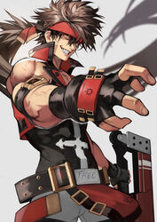  1boy arm_strap belt belt_buckle brown_hair buckle evil_smile forehead_protector glowing glowing_eyes guilty_gear guilty_gear_xrd headband highres holding holding_sword holding_weapon junkyard_dog_mk_iii long_hair looking_at_viewer male_focus manly muscular nose planted planted_sword ponytail smile sol_badguy solo sword teeth veins very_long_hair weapon yellow_eyes yoshio_(55level) 