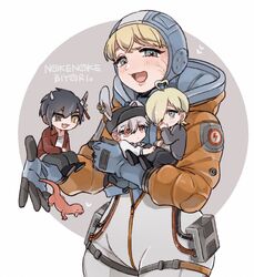  3boys ahoge animal_ears animalization animification apex_legends black_eyes black_hair black_headwear blonde_hair blue_bodysuit blue_eyes bodysuit brown_eyes cable female guu-chan_(noke_noke_biyori) hair_over_one_eye heart heart_ahoge highres hood hooded_jacket jacket kanna_yuzu_(vtuber) mattsun_(noke_noke_biyori) mini_person miniboy multiple_boys noke_noke_biyori one_eye_covered orange_jacket rabbit_boy rabbit_ears salamander shimijimi soracchi_(noke_noke_biyori) virtual_youtuber wattson_(apex_legends) white_bodysuit 