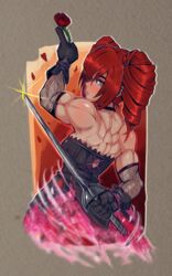  amy_sorel armwear buff female female_only ginger_hair gloves green_eyes muscles muscular muscular_back muscular_female namco namco_bandai posing red_hair reliusmax rose rose_(flower) rose_petals solo solo_focus soul_calibur strong_woman twintails 