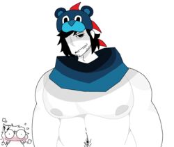  ballzz bara bear_hat black_eyes black_hair blue_scarf blushing dad_bod eyebrow_slits i_want_kanye_to_suffocate_me_with_his_man_titties incredibox kanye_(incredibox) moobs no_visible_genitalia pecs pectorals scarf toony 