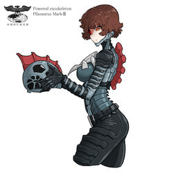  belt black_belt black_pants bodysuit brown_hair character_name closed_mouth cyborg eidenjyou1997 female genderswap_(mtf) helmet holding holding_helmet kaijin kamen_rider kamen_rider_(1st_series) logo orange_eyes pants pirazaurus rule_63 shocker_(kamen_rider) simple_background solo unworn_headwear unworn_helmet webbed_hands white_background 