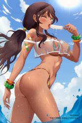  abs andromeda_(fate) andromeda_(second_ascension)_(fate) artist_name ass bikini bikini_under_clothes blue_sky blush bracelet braid breasts brown_hair candy cloud cloudy_sky commentary_request criss-cross_halter crown_braid curvy dark-skinned_female dark_skin day eating eyelashes fate/grand_order fate_(series) female food food_on_body from_side green_eyes hair_between_eyes halterneck highleg highleg_bikini highres holding holding_food jewelry large_breasts licking light_rays looking_at_viewer looking_down low_ponytail midriff multicolored_bikini multicolored_clothes no_pants ocean one_eye_closed outdoors paid_reward_available partially_submerged popsicle profile rainbow_bikini saliva see-through shiny_skin sideboob sidelocks sky solo sparkle splashing star_(symbol) striped_bikini striped_clothes summer sun sunbeam sunlight sweat sweatdrop swimsuit tan tattoo toned toned_female tongue tongue_out twitter_username underboob water water_drop wet xkzan 