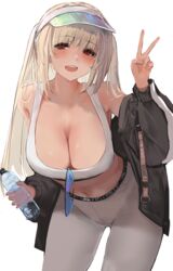  absurdres azur_lane bare_shoulders blonde_hair blue-tinted_eyewear blush bottle breasts cleavage collarbone eyewear_hang female highres kersaint_(azur_lane) kersaint_(reverent_runner)_(azur_lane) large_breasts liaowen long_hair long_sleeves looking_at_viewer navel official_alternate_costume open_mouth pants red_eyes sidelocks smile solo sports_bra sports_sunglasses sunglasses thighs tight_clothes tight_pants tinted_eyewear twintails unworn_eyewear v visor_cap water_bottle white_pants white_sports_bra yoga_pants 