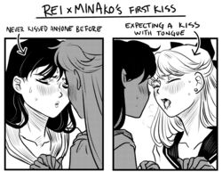  2girls aino_minako bishoujo_senshi_sailor_moon black_hair bow closed_eyes commentary earrings english_commentary english_text hairbow hasn&#039;t_kissed_anyone_ever_vs_expecting_a_kiss_with_tongue_(meme) hino_rei holding_hands imminent_kiss interlocked_fingers jewelry long_hair meme monochrome multiple_girls open_mouth parody puckered_lips sailor_collar saliva simple_background sweat tongue tongue_out white_background yamino yuri 