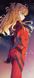  absurdres ahoge ass blue_eyes bodysuit bongnom breasts covered_nipples cowboy_shot female highres interface_headset long_hair looking_at_viewer neon_genesis_evangelion orange_hair pilot_suit plugsuit red_bodysuit skin_tight small_breasts solo souryuu_asuka_langley two_side_up 