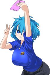  best_buy black_pants blue_eyes blue_hair blue_shirt breasts commentary_request cookie_(touhou) cowboy_shot employee_uniform empty_eyes female grin hair_between_eyes highres kawashiro_nitori kofji_(cookie) large_breasts lets0020 long_bangs messy_hair pants selfie shirt short_hair short_sleeves simple_background smile solo touhou transparent_background uniform v 