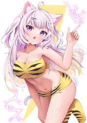  100ton250 :o ahoge animal_ears braid breasts cat_ears cat_girl cat_tail cleavage female grey_hair hashtag-only_commentary highres indie_virtual_youtuber large_breasts lightning lion_print long_hair looking_at_viewer neru_utano purple_eyes single_braid tail underwear underwear_only virtual_youtuber 