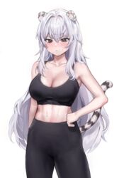  animal_ears arm_at_side artist_request black_pants black_sports_bra blush breasts closed_mouth commission cowboy_shot female grey_eyes hair_between_eyes hand_on_own_hip highres korean_commentary large_breasts long_hair looking_down midriff original pants second-party_source seol_baekeunhwa_(teusai) simple_background solo sports_bra sweat tail tiger_ears tiger_girl tiger_tail very_long_hair white_background white_hair yoga_pants 