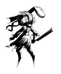  2022 absurd_res ambiguous_gender anthro bandage black_and_white bottomwear clothing creepy damaged_clothing digitigrade gatonejo hi_res holding_machete holding_melee_weapon holding_object holding_weapon jawless lagomorph leporid looking_at_viewer looking_back machete mammal mascot_costume melee_weapon monochrome rabbit simple_background skirt solo weapon white_background 