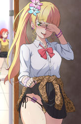  2girls :p absurdres animal_print black_skirt blonde_hair blurry blurry_background blush bow bowtie bracelet breasts cardigan cardigan_around_waist clothes_around_waist clothes_lift collared_shirt commentary_request condom condom_wrapper covering_one_eye dress_shirt earrings fingernails flower glint green_eyes gyaru hair_flower hair_ornament hand_up heanna_sumire highres hoop_earrings indoors jewelry leopard_print lifting_own_clothes long_fingernails long_hair long_sleeves looking_at_viewer love_live! love_live!_school_idol_festival_2 love_live!_superstar!! medium_breasts micro_panties multiple_girls multiple_rings nail_polish necklace one_eye_covered panties pleated_skirt ponytail purple_nails red_bow red_bowtie red_hair ring school_uniform scrunchie shirt side-tie_panties skirt skirt_lift sleeves_rolled_up solo_focus standing star_(symbol) star_earrings string_panties sweat sweater tongue tongue_out underwear white_shirt wrist_scrunchie yellow_sweater yoneme_mei zanpon 