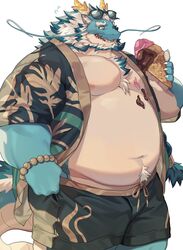  1boy absurdres animal_ear_fluff aqua_hair aqua_skin bara bead_bracelet beads beard belly bracelet braid chest_tuft cowboy_shot dragon_boy eastern_dragon_horns eastern_dragon_tail eyewear_on_head facial_hair fat fat_man food_on_body food_on_pectorals full_beard furry furry_male highres holding holding_ice_cream_cone huge_eyebrows ice_cream_cone jewelry long_mustache male_focus manboobs mature_male moustache multicolored_hair navel_hair nipple_slip nipples open_clothes open_mouth open_shirt qinglong_(housamo) sharp_teeth shorts simple_background single_braid solo sweatdrop teeth three_quarter_view tokyo_afterschool_summoners two-tone_beard two-tone_hair white_background white_hair yed_(yedsilent) 