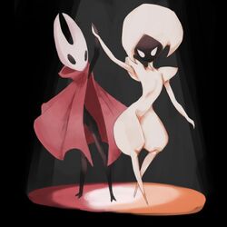  2024 2_horns arthropod black_body black_eyes black_face black_legs cloak clothed clothing dancing digital_media_(artwork) duo featureless_feet featureless_hands feet female hand_holding hollow_knight hollow_knight:_silksong horn hornet_(hollow_knight) joakley lace_(hollow_knight:_silksong) mouthless noseless red_cloak red_clothing simple_background spotlight spotlight_beam standing team_cherry white_body white_eyes 