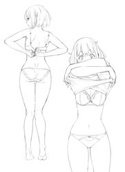  ass back barefoot bra breasts cleavage clothes_lift commentary_request covered_mouth cowboy_shot crossed_arms female from_behind full_body kneepits lifting_own_clothes line_art looking_back multiple_views navel original panties ryuuta_(msxtr) shirt_lift short_hair underwear underwear_only undressing 