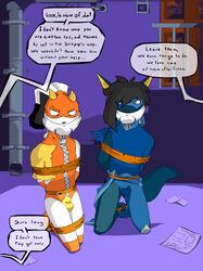  alley anthro bondage bondage bound canid canine canis clothing dark_pup darkpup drago-kun duo english_text gag gagged hero hero_fur hi_res lagomorph leporid male male/male mammal rabbit rope text uniform wolf 