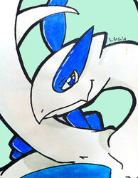  2023 absurd_res ambiguous_gender blue_background blue_eyes feral generation_2_pokemon glury_the_unown hi_res legendary_pokemon long_neck looking_at_viewer lugia nintendo pokemon pokemon_(species) portrait simple_background smile solo tail traditional_media_(artwork) white_body wings 