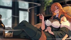  alcohol black_thighhighs blurry blurry_background bottle breasts burn_scar chaise_longue cigar commission crossed_legs cup drinking_glass extra_arms female fur_trim grin holding holding_cigar lansane large_breasts long_hair looking_at_viewer one_eye_closed orange_eyes orange_hair original own_hands_clasped own_hands_together quadriri_(lansane) reclining scar scar_on_face sharp_teeth shot_glass skeb_commission sleeveless smile smoking solo teeth thighhighs whiskey window 