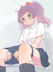  aged_up ahoge black_skirt blue_panties bow closed_mouth collared_shirt feet_out_of_frame female from_below green_eyes hairbow highres hyakumangoku_masurao indoors long_hair manaka_laala menstrual_pad on_toilet panties panty_pull peeing pink_bow polka_dot polka_dot_panties pretty_series pripara purple_hair shirt short_sleeves sitting skirt solo sound_effects toilet_stall toilet_use translated twintails underwear white_shirt 