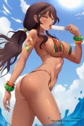  abs andromeda_(fate) andromeda_(second_ascension)_(fate) artist_name ass bikini blue_sky blush bracelet braid breasts brown_hair candy cloud cloudy_sky commentary_request criss-cross_halter crown_braid curvy dark-skinned_female dark_skin day eating eyelashes fate/grand_order fate_(series) female food food_on_body from_side green_eyes hair_between_eyes halterneck highleg highleg_bikini highres holding holding_food jewelry large_breasts licking light_rays looking_at_viewer looking_down low_ponytail midriff multicolored_bikini multicolored_clothes ocean one_eye_closed outdoors paid_reward_available partially_submerged popsicle profile rainbow_bikini saliva shiny_skin sideboob sidelocks sky solo sparkle splashing striped_bikini striped_clothes summer sun sunbeam sunlight sweat sweatdrop swimsuit tan tattoo toned toned_female tongue tongue_out twitter_username underboob water water_drop wet xkzan 