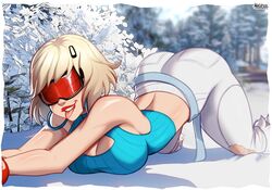  artist_name bare_shoulders blonde_hair blue_sweater border breasts bush cleavage commentary crop_top cropped_sweater earrings english_commentary evie_(fortnite) female fortnite hair_ornament highres hoop_earrings jewelry large_breasts looking_at_viewer magaska official_alternate_costume official_alternate_hairstyle open_mouth outdoors pants red-tinted_eyewear ribbed_sweater short_hair sleeveless sleeveless_sweater snow snow_goggles solo summitseeker_evie_(fortnite) sweater tinted_eyewear tongue tongue_out top-down_bottom-up torn_clothes torn_pants white_border white_pants 