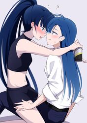  2girls ado_(utaite) ahoge arms_on_another&#039;s_shoulder belt black_belt black_shirt black_shorts blue_eyes blue_hair blue_pants blush breasts can closed_mouth cloud_nine_inc commentary_request drunk earclip eye_contact grey_background highres holding holding_can long_hair looking_at_another merry_(ado) multiple_girls naima_(ado) navel nori_(norinori_yrl) noses_touching open_mouth pants ponytail readymade_(ado) shirt shorts simple_background sitting sleeveless sleeveless_shirt sleeves_past_elbows small_breasts stomach straddling strong_zero sweatdrop usseewa white_shirt yuri 