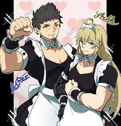  2boys absurdres beard blonde_hair brown_hair clenched_hand cowboy_shot crossdressing facial_hair green_eyes hair_between_eyes heart heart_background highena highres large_pectorals long_hair maid_headdress male_focus mechanical_arms multiple_boys one_eye_closed pectoral_cleavage pectorals prosthesis prosthetic_arm rex_(xenoblade) scar scar_across_eye short_hair short_sleeves shulk_(xenoblade) single_mechanical_arm xenoblade_chronicles_(series) xenoblade_chronicles_3 xenoblade_chronicles_3:_future_redeemed yellow_eyes 