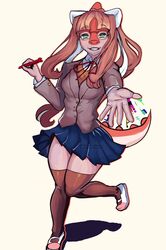  2024 5_fingers absurd_res accessory anthro artist_name bottomwear bow_ribbon brown_hair clothing cosplay dannoartista digital_drawing_(artwork) digital_media_(artwork) dinosaur doki_doki_literature_club! extinct female fingers goodbye_volcano_high hadrosaurid hair hair_accessory hair_ribbon hairbow hi_res long_hair long_socks looking_at_viewer monika_(doki_doki_literature_club!) multicolored_body multicolored_scales naomi_(gvh) orange_body orange_scales ornithischian ornithopod parasaurolophus pink_body pink_scales prehistoric_species reptile ribbons scales scalie school_uniform simple_background skirt smile solo teal_eyes team_salvato teeth two_tone_body two_tone_scales uniform watermark white_background 