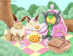  absurd_res basket container cremis dessert eevee eevee_day female food forest forest_background generation_1_pokemon generation_9_pokemon hi_res legendary_pokemon migart89 nature nature_background nintendo ogerpon pal_(species) palworld picnic picnic_basket plant pocketpair pokemon pokemon_(species) relaxing tree 