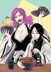  2girls anno_im black_hair black_kimono bleach bottle bowl breasts chopsticks cleavage cup curry curry_rice food green_background haori highres hikifune_kirio holding holding_bottle holding_bowl japanese_clothes katsudon_(food) kimono large_breasts lipstick long_hair makeup multiple_girls one_eye_closed open_mouth purple_eyes purple_hair rice shrimp shrimp_tempura soy_sauce_bottle table taichou_haori teeth tempura two-tone_background unohana_retsu upper_teeth_only white_haori wooden_table yellow_background 