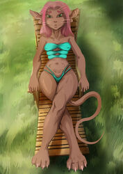  2024 absurd_res alien alien_humanoid animal_humanoid ariral bikini breasts cat_humanoid claws clothing crossed_legs digital_drawing_(artwork) digital_media_(artwork) felid felid_humanoid feline feline_humanoid female furgonomics green_eyes hair hi_res humanoid long_hair mammal mammal_humanoid multi_breast pink_hair relaxing smile solo swimwear swimwear_only tabaarus tail tan_body voices_of_the_void wide_hips 