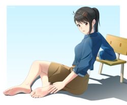  absurdres arendelle barefoot black_hair blue_background blue_shirt blush border breasts brown_eyes brown_shorts chair chinese_commentary collared_shirt commentary_request eyelashes feet female full_body gradient_background hair_ornament hand_on_own_foot highres iwato_suzume long_hair long_sleeves looking_at_viewer medium_breasts on_ground open_mouth ponytail shadow shirt shorts single_sidelock sitting soles solo suzume_no_tojimari toenails toes white_border x_hair_ornament 