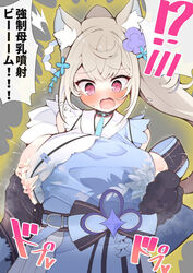  !? animal_ear_fluff animal_ears animal_hands belt black_sash blonde_hair blue_belt blue_hair blue_kimono blush breasts commentary_request dog_ears dog_girl dog_paws female floral_print_kimono flower fuwawa_abyssgard fuwawa_abyssgard_(new_year) grabbing_own_breast hair_flower hair_ornament highres hololive hololive_english huge_breasts japanese_clothes kimono lactation lactation_through_clothes long_hair multicolored_hair obi official_alternate_costume open_mouth pink_eyes ponytail sash sideboob sideless_kimono sleeveless sleeveless_kimono solo streaked_hair translated virtual_youtuber yamada_naoko_(kodamayanao) 