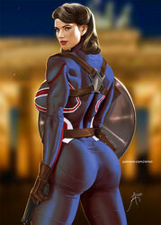  1girls arion69 arm_at_side berlin big_ass big_butt blue_bodysuit blurred_background brandenburg_gate brown_belt brown_eyes brown_gloves brown_hair captain_america_(series) captain_carter cowboy_shot disney female female_only gloves gun human human_only light-skinned_female light_skin looking_over_shoulder marvel marvel_cinematic_universe muscular muscular_female peggy_carter pistol pistol_in_hand shield shoulder_holster superheroine voluptuous voluptuous_female weapon 