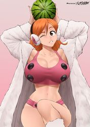  1girls bleach breasts female female_only flytrapxx fully_clothed fur_coat inoue_orihime one_eye_closed solo tagme 