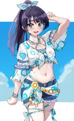  :d absurdres arm_at_side arm_up blue_bow blue_eyes blue_hair blue_shorts blue_sky bow breasts cleavage cloud collarbone commentary_request cowboy_shot cropped_shirt dark_blue_hair denim denim_shorts ereka female hairbow high_ponytail highres letterboxed link!_like!_love_live! long_hair looking_at_viewer love_live! medium_breasts midriff mole mole_on_neck murano_sayaka natsumeki_pain navel official_alternate_costume official_alternate_hairstyle open_mouth outside_border ponytail shirt short_shorts shorts sky sleeves_past_elbows smile solo teeth upper_teeth_only virtual_youtuber wet white_shirt 