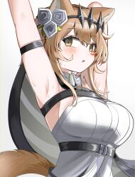  absurdres animal_ears arknights armpits arms_up blush breasts brown_hair cat_ears cat_tail female grey_eyes highres large_breasts long_hair looking_at_viewer parted_lips shirt solo spam_(spamham4506) sweat tail upper_body vendela_(arknights) white_shirt 