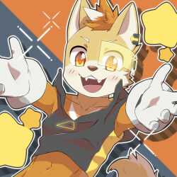  anthro canid canine canis clothing domestic_dog fangs fur gloves hair handwear hi_res looking_at_viewer male mammal multicolored_body multicolored_fur open_mouth orange_body orange_eyes orange_fur rirusuke smile solo superhero_costume tail teeth two_tone_body two_tone_fur 