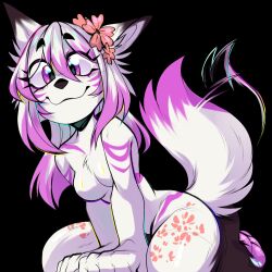  accessory anthro breasts canid canine female flower flower_in_hair fluffy fluffy_tail fox fur hair hair_accessory happy hi_res kneeling long_hair looking_at_viewer magenta_hair mammal medium_breasts multicolored_body nervouscherry plant purple_eyes smile solo tail tail_motion tailwag vulpy_vulpine white_body white_fur 